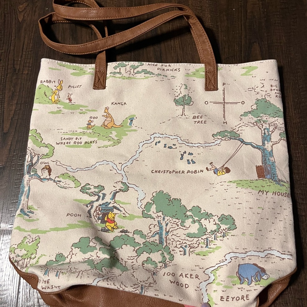 Winnie the Pooh Map Print Tote Bag with Brown Trim